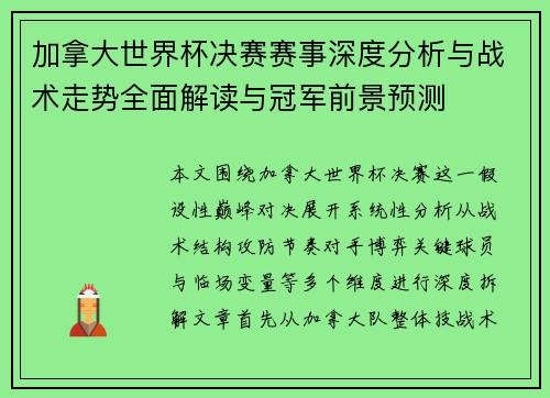 加拿大世界杯决赛赛事深度分析与战术走势全面解读与冠军前景预测